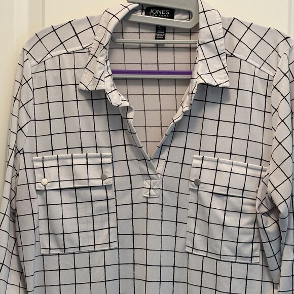 Jones New York Blouse Long Sleeve w/Button Up Strap Size Large Black/Whi… - Picture 4 of 11